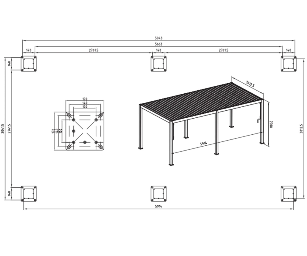 Diagram van een rechthoekige structuur met vier palen en een lamellendak. Het bevat gedetailleerde metingen: 5963 mm lengte, 3025 mm breedte en 2500 mm hoogte. Aanvullende notaties tonen details over het ontwerp en de lay-out van de paal.