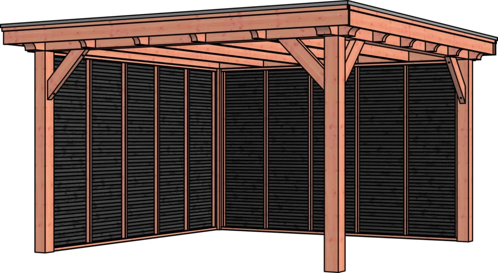 Illustratie van een houten hoekpergola met een lattenwand aan de achterkant en een schuin dak, ondersteund door drie houten palen. De constructie lijkt stevig met zichtbare balken voor ondersteuning en schaduw.