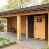 Een houten schuur met een kleine overhang en een enkele deur, met zwarte en natuurlijke houten panelen. Het is omgeven door een netjes aangelegde tuin met kleine struiken en bomen. De lucht is helder en er is een metalen hek zichtbaar op de achtergrond.