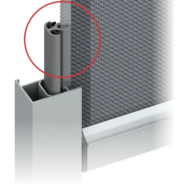 Close-up van een doorsnede van een deurafdichtingsmechanisme. Een diagram benadrukt een verticale grijze rubberen pakking in een metalen frame. De afdichting is gemarkeerd met een rode cirkel, wat aangeeft welke rol deze speelt bij het beveiligen en afdichten van de deur.